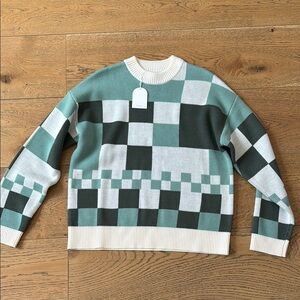 Song of Style Checkerboard Crewneck Sweater in Teal, Dark Green, and Cream